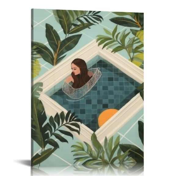 JRXY Room Aesthetic Poster Tropical Art Woman Lying on A Swimming Pool Wall Art Deco Canvas Printed Poste Canvas Painting Posters And Prints Wall Art Pictures for Living Room Bedroom Decor 16x20 in