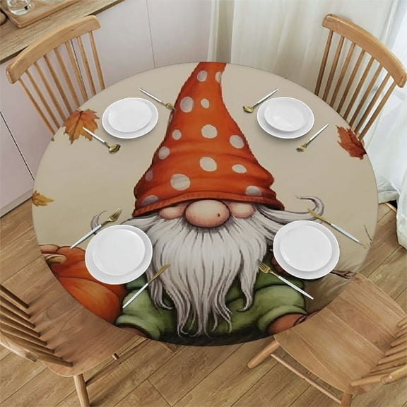 JRXY Round Fitted Tablecloth with Elastic Edged, Thanksgiving Gnomes Fall Table Cloth for Dining Table Autumn Maple Leaf Orange Waterproof Oil Proof Table Cover for Indoor Outdoor 36in-70in 36x36in