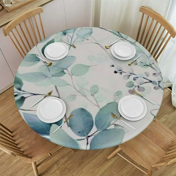 JRXY Round Table Cloth Watercolor Green Leaf Tablecloth Elastic Edge Fitted Table Cover Leaves Fits Tables White