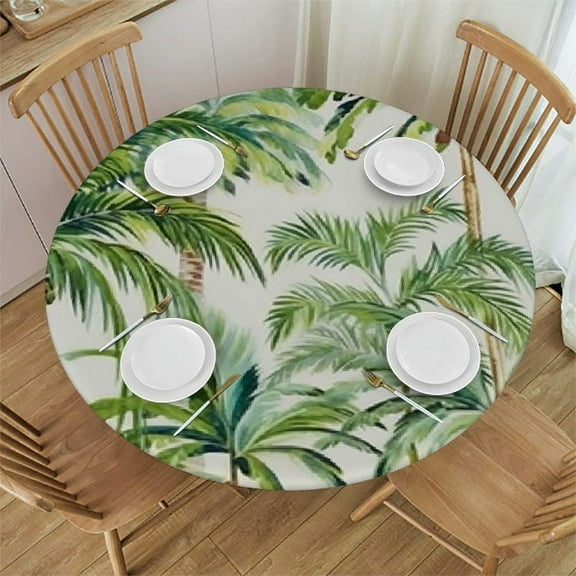 JRXY Round Tablecloth with Elastic Edge - Watercolor Palm Tree and Leaves Seamless Pattern Tropical Palm Background - Table Cover for Patio, Kitchen and Dining Room White