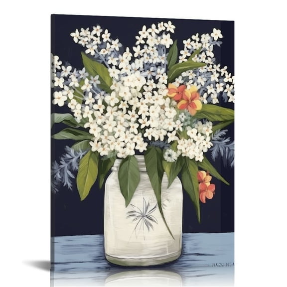 JRXY Rustic Bathroom Wall Art Farmhouse Flower Wall Decor Blue White Canvas Prints Mason Jar Floral Poster Country Painting Picture for Kitchen Living Dining Room Home Decor 12x16 in