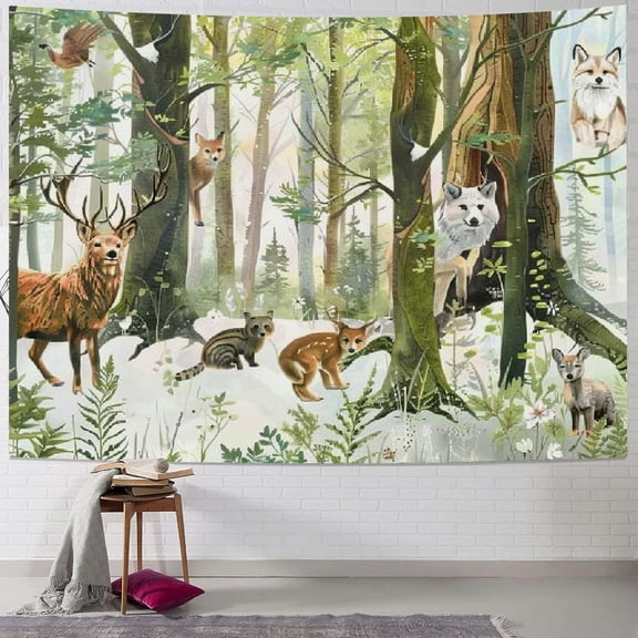 JRXY Rustic Cabin Forest Tapestry Bear Deer Fox Rabbit Mushroom Tapestries Wildlife Tapestry Farmhouse Natural Hunting TapestryWall Hanging for Room Painting