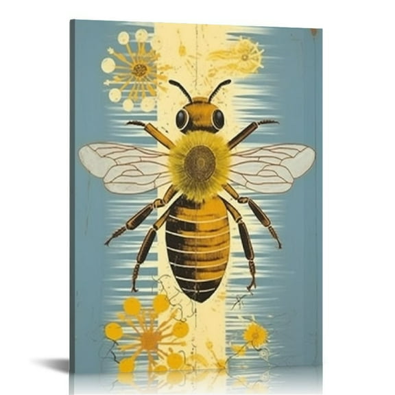 JRXY Rustic Canvas Wall Art Yellow Honey Bee on Wood Background Painting Pictures Insect Animal Artwork Prints for Living Room Kitchen Wall Decor Stretched Ready to Hang 12x16 in