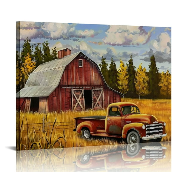 JRXY Rustic Farmhouse Canvas Wall Art Red Barn Picture Old Truck And Barn Painting Autumn Farm Landscape Artwork for Home Office Decor 16x12in