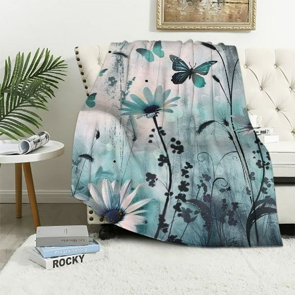 JRXY Rustic Farmhouse Throw Blankets, Farm Teal Daisy Floral Flowers Butterfly on Country Wooden Cozy Warm Bed Couch Blanket, Turquoise Blue White Flannel Throws to Decorate Room and Bedroom White
