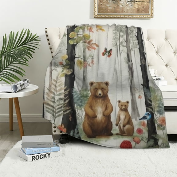 JRXY Rustic Forest Throw Blanket, Country Hunting Bear Deer Wild Animals Farmhouse Lodge Country Throw Blanket, Rustic Lodge Cabin Nature Flannel Bed Blanket Decorations  White