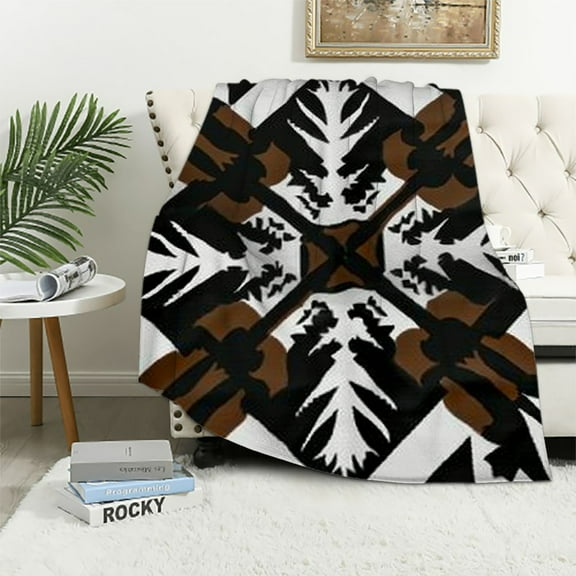 JRXY Rustic Western Throw Blanket For Men,Southwestern Aztec Blanket Bohemian Sherpa Blanket Ethnic Mexican Geometric Diamond Flannel Blanket Brown Black White Farmhouse Room Decor White