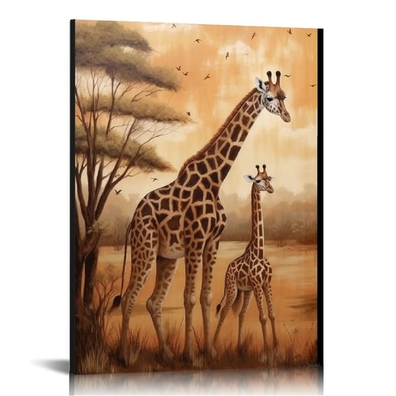 JRXY  Safari Wall Art Canvas African Animal Painting Picture Mom and Baby Giraffe and Elephant Artwork for Home Office Wall Decor Framed 16x20 in