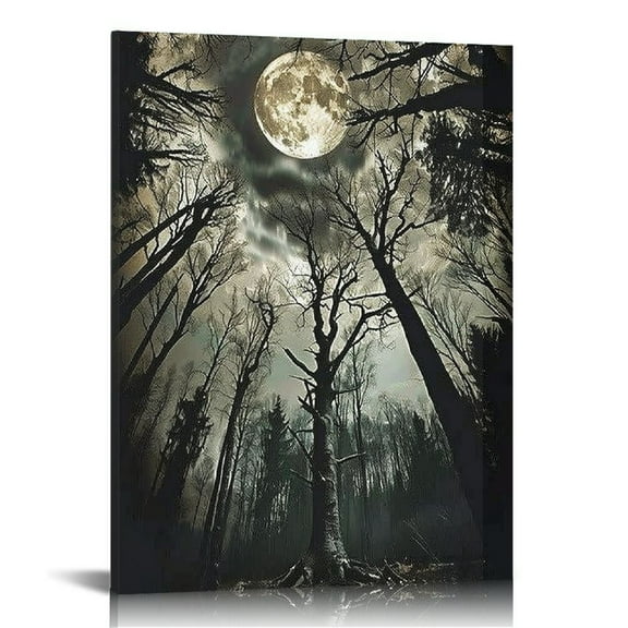 JRXY Scary Forest Canvas Wall Art Black White Halloween Decor Poster Spooky Forest Moonlight Print for Living Room Bedroom Bathroom 12x16 in