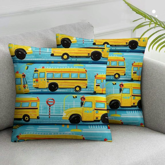 JRXY School Bus Pattern Throw Pillow Covers Construction Vehicles Pillow Covers Home Decor for Teens Cartoon Car Square Cushion Covers Construction Site Cars,2 Pcs White