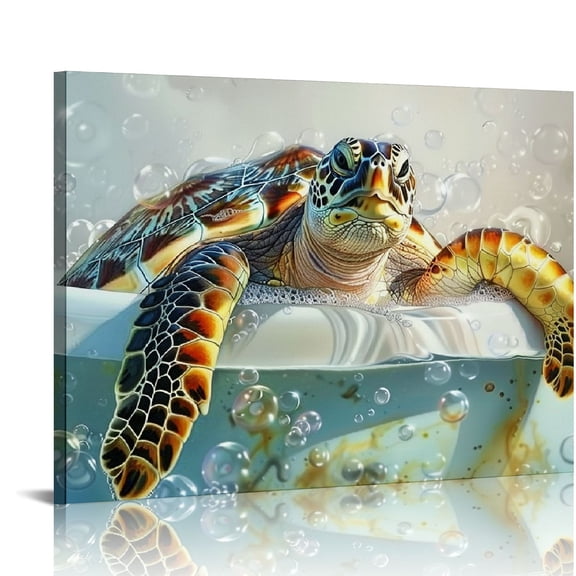 JRXY Sea Turtle Bathroom Wall Art Funny Sea Turtle in Bathtub Canvas Painting Art Ocean Animal Watercolor Pictures Framed Ready to Hang (Sea Turtle 2) 16x12in