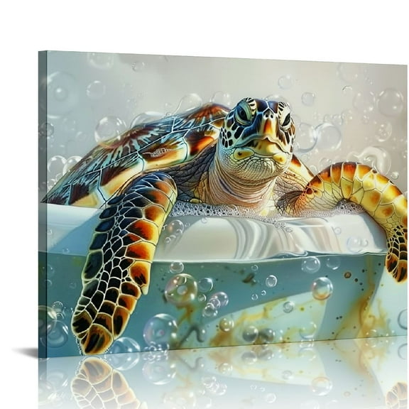 JRXY Sea Turtle Bathroom Wall Art Funny Sea Turtle in Bathtub Canvas Painting Art Ocean Animal Watercolor Pictures Framed Ready to Hang (Sea Turtle 2) 20x16in
