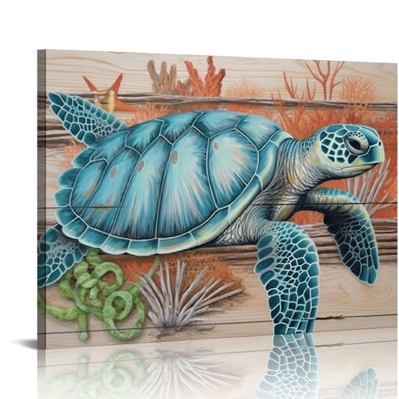 JRXY Sea Turtle Bathroom Wall Decor: Teal Coral Canvas Wall Art Sea Turtle Painting Gifts for Turtle Lovers Women Bedroom Office Home Decorations Rustic Swimming Turtle Picture Print Framed  16x12in