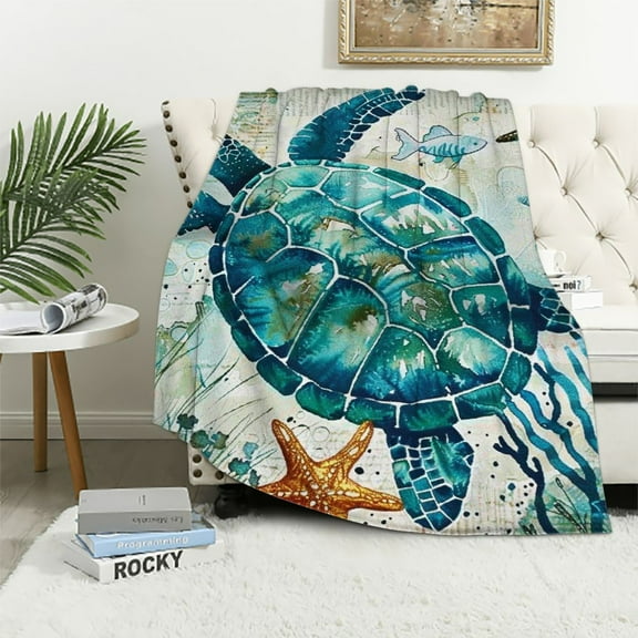 JRXY Sea Turtle Mediterranean Style Sea Theme Decorative Flannel Fleece Blanket White