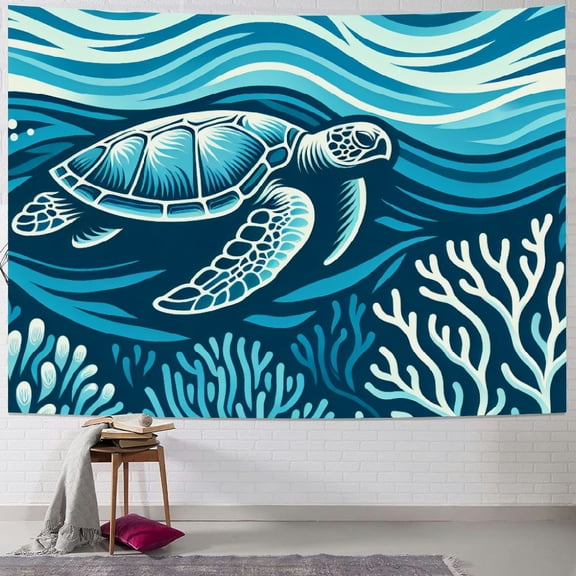 JRXY Sea Turtle Underwater World Sea Turtle Sea Grass Natural Watercolor Style Tapestry Painting