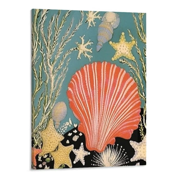JRXY Seashell Wall Art Orange Bathroom Canvas Prints, Ocean Themed Coral Coastal Decor, Nautical Beach Pictures, Stretched and Framed Artwork for Home, Bedroom 16x20 Inch Picture 4