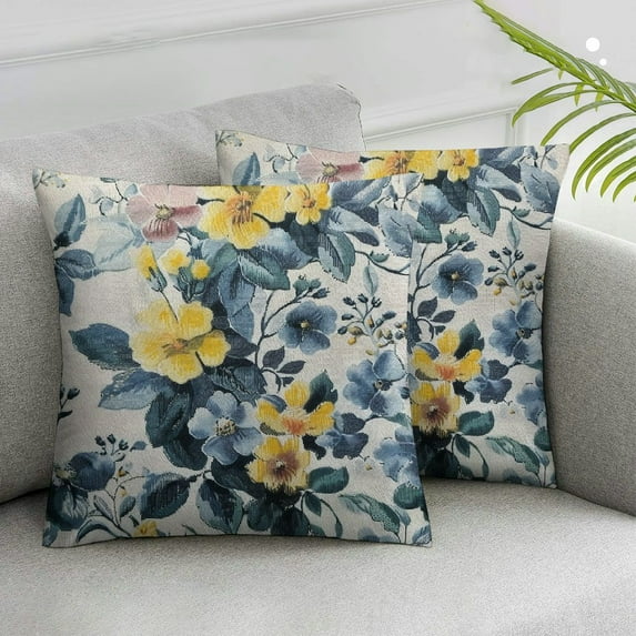 JRXY Set of 2 Spring Pillow Covers, Blue and Yellow Flower Decorative Throw Pillows,Vintage Plant Floral Summer Seasonal Outdoor Decor Pillowcase Cushion Cover for Couch Sofa White
