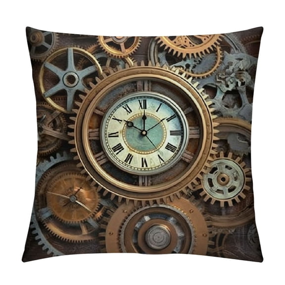 JRXY Set of Throw Pillow Cover Blue Beauty Rusty Steampunk with Clock and Different Kinds of Gears Bronze Square Hidden Zipper Home Cushion Decorative Pillowcase White