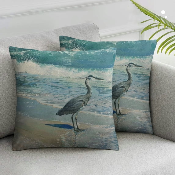 JRXY Set of 2 Throw Pillow Covers Blue Heron Beach Sea Wave Watercolor Painting Decorative Pillow Cases Home Decor Standard Square Pillowcases White
