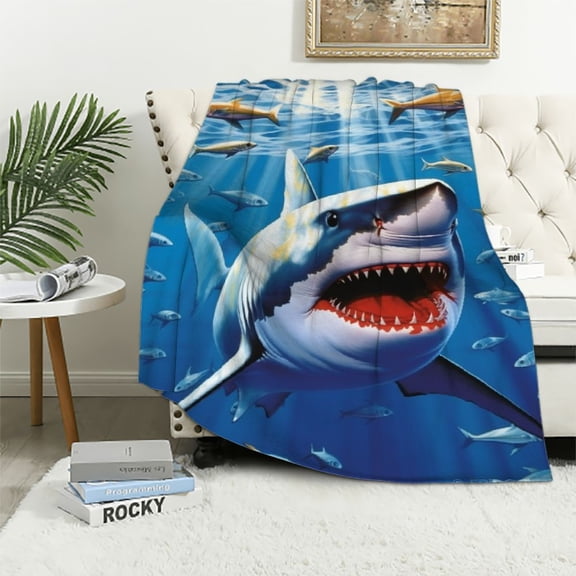 JRXY Shark Print Blanket: Soft & Cozy Flannel Throw Blanket, Lightweight Sea Predator Decor for Bed or Sofa - Unique Gifts for Girls Who Love Ocean Life White