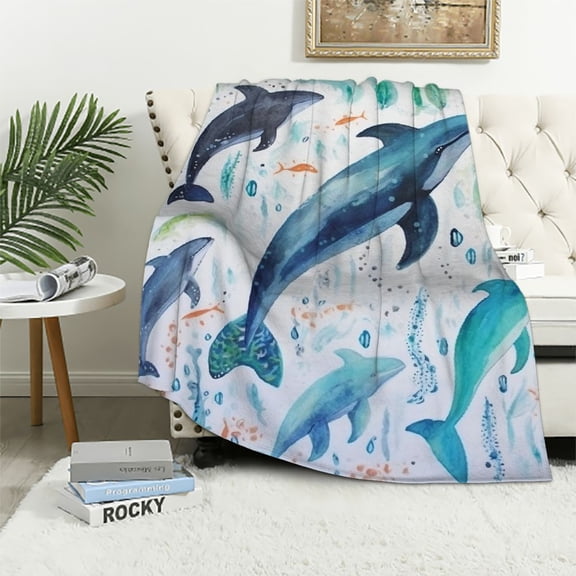 JRXY  Sharks Humpback Whales Orcas &amp; Turtle Ocean Flannel Throw Blanket Fuzzy Shaggy Air Conditioned Blankets for Couch Sofa Living Room Camping Thanksgiving Gift White