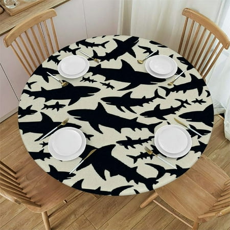 JRXY Sharks Sherpa Round Table Cover, Sharks Silhouettes Soft Cozy Waterproof Resistant Fabric White