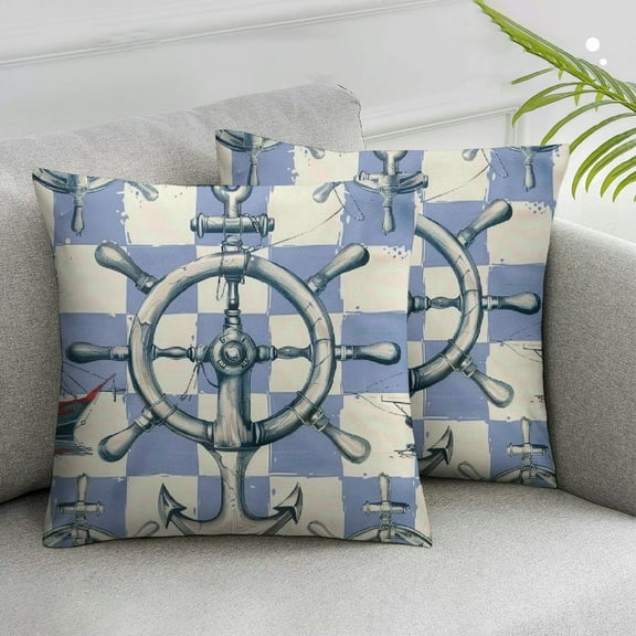JRXY Ship Anchor Throw Pillow Cover Set of 2 Cases Boat Rudder Compass Nautical Journey Vintage Outdoor Decor Pillowcase Home Square Pillow Slip White