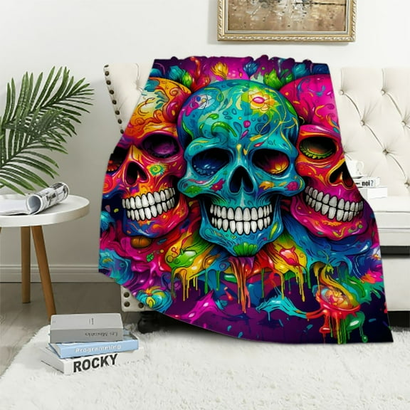 JRXY Skull Blanket Colorful Goth Skulls Hippie Skeleton Throw Blankets All Seasons, Sugar Skull Gifts, Plush Horror Halloween Decor Soft Cozy Flannel Blanket Bed Sofa Couch 40x50in