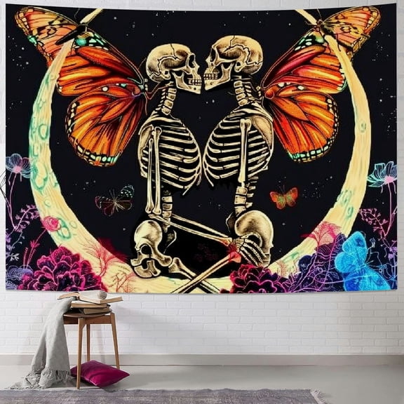 JRXY  Skull Butterfly Tapestry Mushroom Tapestries Kissing Lovers Skeleton Tapestry Tree Leaves Wall Tapestry Decor Neon Aesthetic Tapestry Wall Hanging for Bedroom Painting