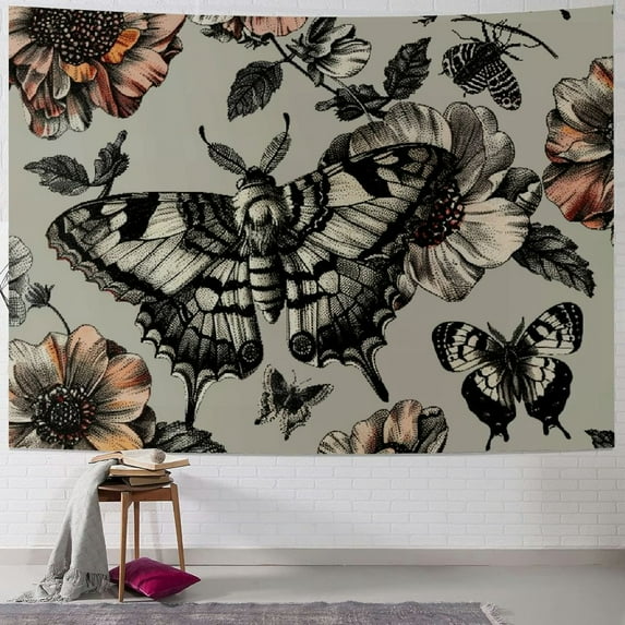 JRXY Skull Moth Fabric Wall Hanging Tapestry Vintage Black Gothic Retro Floral Leaves Mysterious Flower Plant Spooky Botanical Butterfly Home Decor Art Painting
