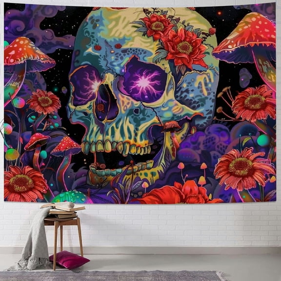 JRXY Skull Tapestry Aesthetic Sun and Moon Tapestry Fantasy Mushroom Tapestries Wall Hanging for Bedroom Living Room and Dorm Room Painting