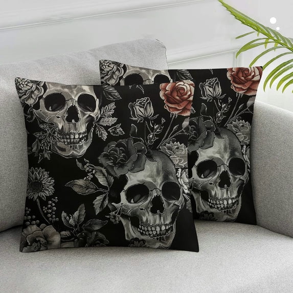 JRXY Skull Throw Pillow Cover Sketch Flowers Rose Halloween Eyes with Diamond Cozy Square Cushion Case for Men Women Room Home Decor, Set of 2 18x18in