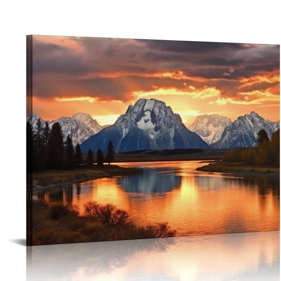 JRXY Smoke Mountain Wall Art Sunset Natural Landscape Wall Decoration Mountain Range Lake Reflection Painting Park Poster Living Room Office Decoration Art 16x12in