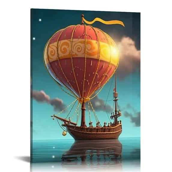 JRXY Space Theme Canvas Wall Art Steampunk Airship Fantasy Picture Starry Night Sky Abstract Artwork Stretched And Framed for Kids Bedroom Classroom Ready to Hang 12x16 in