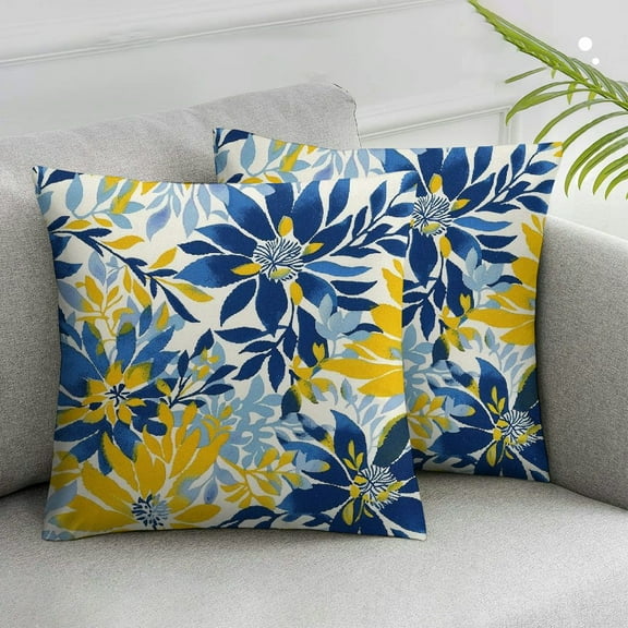 JRXY Spring Dahlia Flower Throw Pillows Cover Summer Yellow And Blue Geometric Floral Decorative Pillow Covers Farmhouse Outdoor Pillowcases Decoration for Home Couch Sofa Decor,Set of 2 White