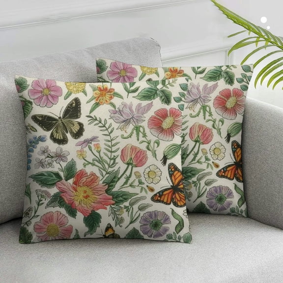JRXY Spring Floral Pillow Covers Set of 2 Spring Pillowcase Watercolor Flower Butterfly Decoration Spring Premium Throw Cushion Case Vintage Home Decor for Bed Sofa and Car White