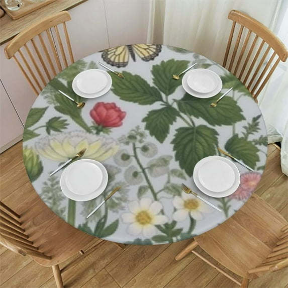 JRXY  Spring Floral Round Tablecloth  Watercolor Flower Butterfly Leaf Decorative Table Cloth Rustic Vintage Resistant Circle Table Cover for Home Kitchen Dining Room Outdoor Decor White