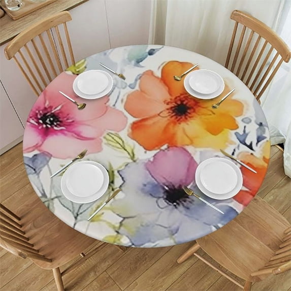 JRXY Spring Floral Tablecloth,Watercolor Pink Purple Blue Flower Table Cover for Easter Decor, Summer Spring Picnic, Dining, Holiday, Weeding,Tea Party Supplies and Decorations, White