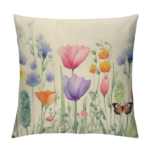 JRXY Spring Pillow Covers, Tulip Lavender Flower Decorative Throw Pillows Farmhouse Outdoor Summer Seasonal Floral Cushion Case for Couch Sofa Home Decor White