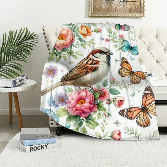 JRXY Spring Saying Flowers Butterfly Pink Flannel Fleece Blanket White