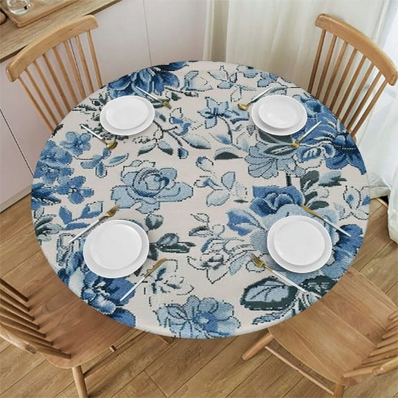 JRXY Spring Summer Floral Tablecloth Butterfly Bird Flower Tablecloth Round Table Clothes Winter French Blue and Grey Waterproof Reusable Circle Table Cover for Picnic Party Dining Room Decor White