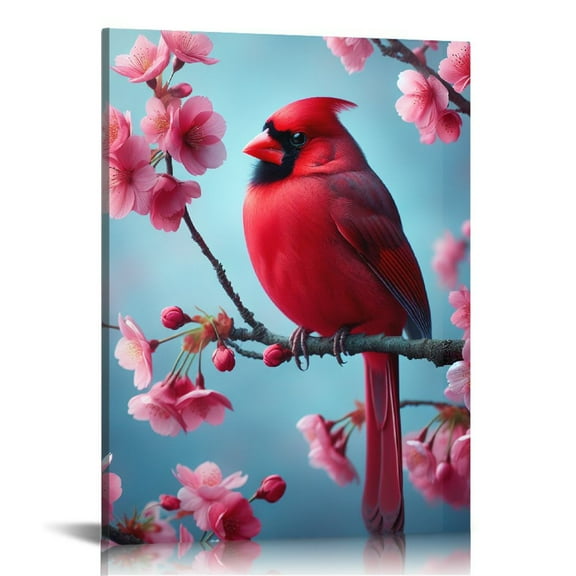 JRXY Spring Summer Red Cardinal Birds Pink Flowers Canvas Wall Art Beautiful Birds Prints Home Decor Picture for Bedroom Bathroom Kitchen Office 12x16 in