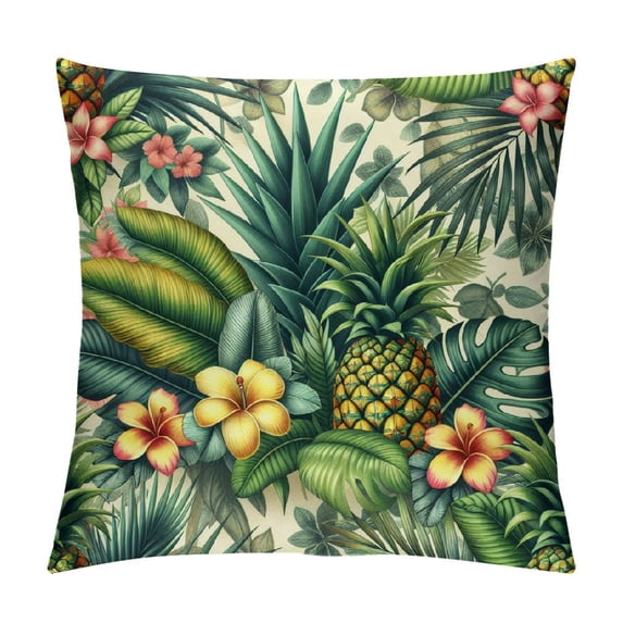 JRXY Square Decorative Throw Pillow Covers Leaf Hawaiian with Pineapples Tropical Palm Leaves and Flowers Vintage Fruit Pillow Case Pillow Cover Throw Cushion Covers White