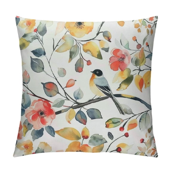 JRXY Square Throw Pillow Covers Fall Branch Bird Plants Leaves Flowers Pillow Cases for Couch Holiday Home Decor Sofa Bed Outdoor White