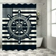 thumbnail image 1 of JRXY Summer Costal Navy Blue White and Gray Stripe Helm Anchor Boat Star Shower Curtain White, 1 of 7