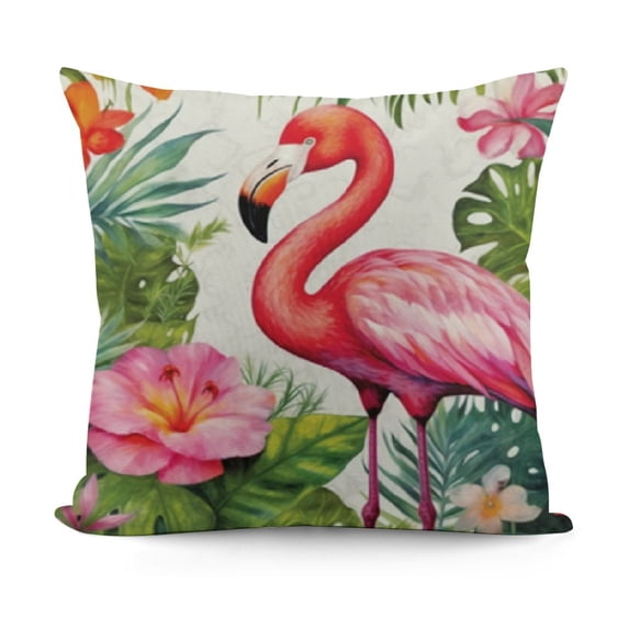 JRXY Summer Pillow Cover Flamingo Floral Decor Tropical Green Leaf Farmhouse Seasonal Decorative Throw Pillow Case for Home Sofa Couch 24x24in