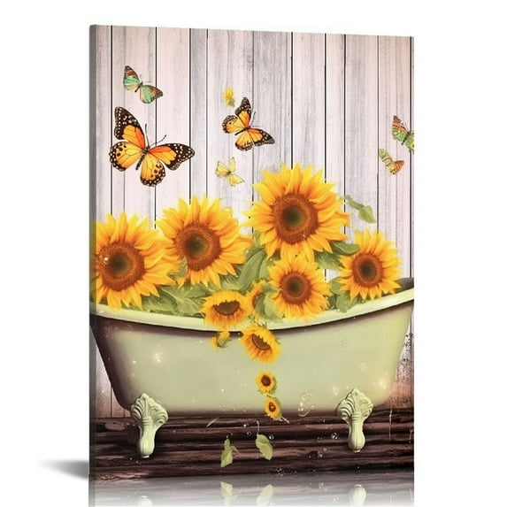 JRXY Sunflower Bathroom Wall Art Sunflower Butterfly Bathtub Canvas Picture Wall Decor Yellow Sunflower Grey Rustic Background Art Print Framed Painting (Wooden frame) pattern1