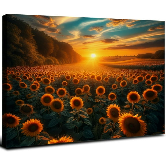 JRXY Sunflower Canvas Wall Art Sunrise in Field Landscape Picture Painting Print Modern Living Room Decor,Framed Ready to Hang 16x12inch