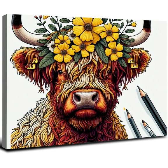 JRXY Sunflower Highland Cow Wall Art: Funny Farm Animal Canvas Picture Painting, Rustic Farmhouse Artwork Decor Bathroom Decoration, Cute Brown Cattle Poster Print for Home Kitchen Bedroom 20x16inch