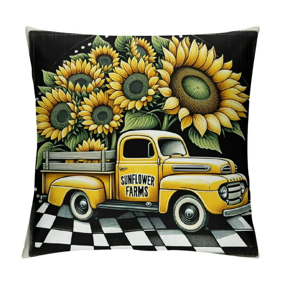 JRXY Sunflower Pillow Cover Spring Summer Floral Truck Decorative Throw Pillow Case Buffalo Plaids Flower Home Sweet Home Cushion Cover for Home Office Farmhouse Sofa Decor 20x20in